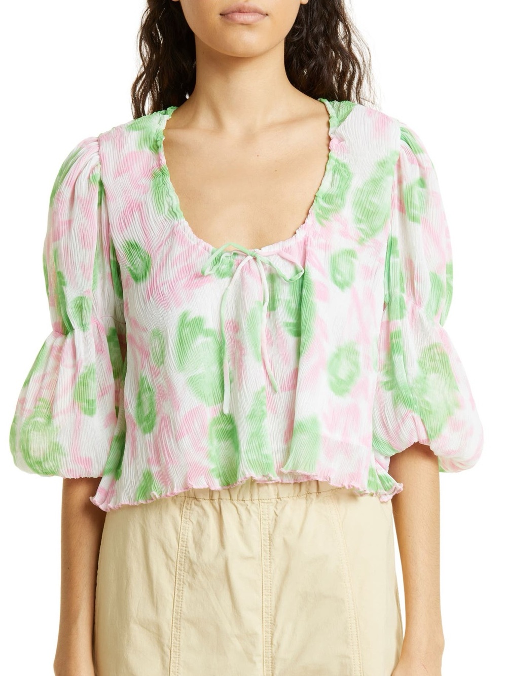 GANNI Short Sleeve Pleated Georgette U-neck Blouse In Pink Tulle 44/ 14